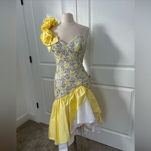 Vtg 80s ALYCE DESIGNS sz 12 Beaded One Shoulder Flounce Prom Formal Midi Dress